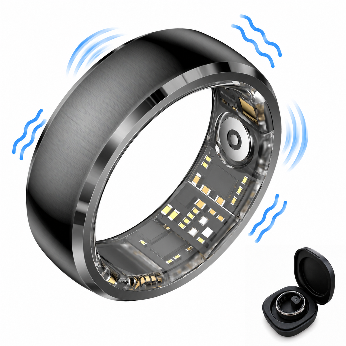 Black SY15 smart ring with visible inner circuitry, blue vibration lines, and a black charging case