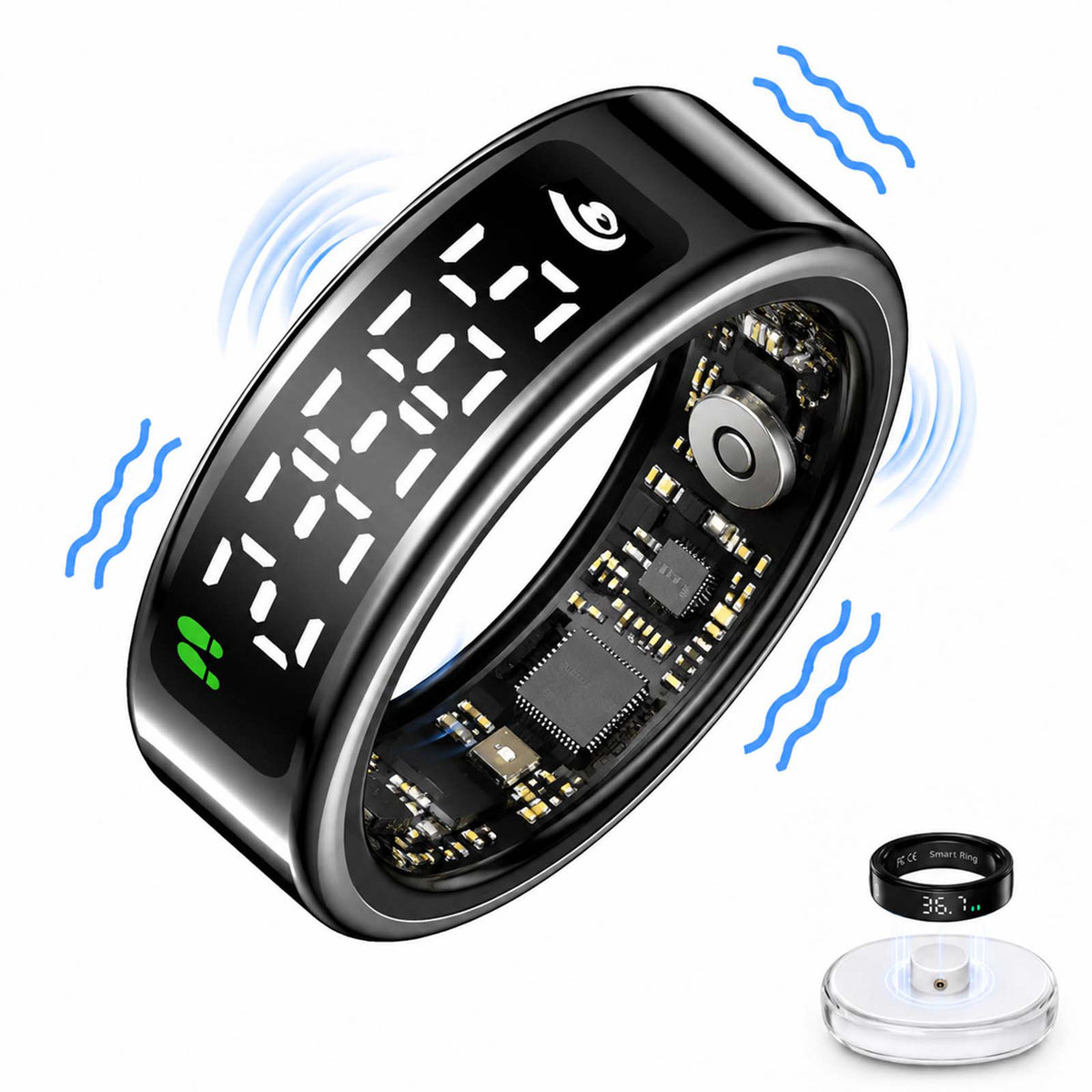 Black SY1 smart ring with LED display, visible internal circuitry, and clear charging dock#color_black