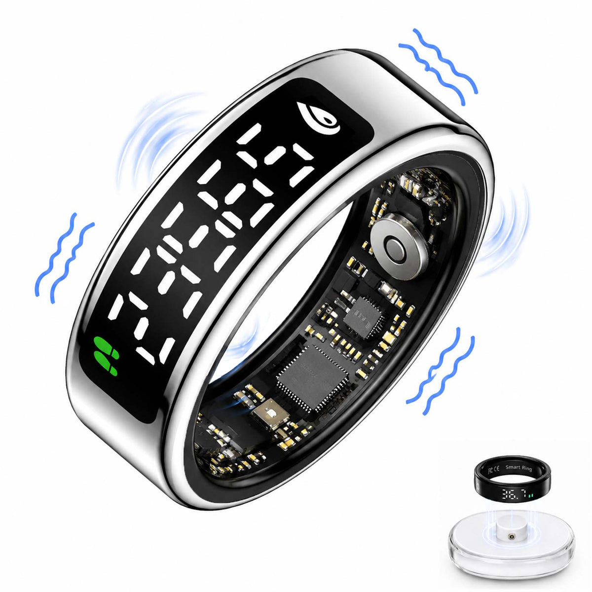 Silver SY1 LED smart ring showing internal sensors and a clear charging dock on white#color_silver