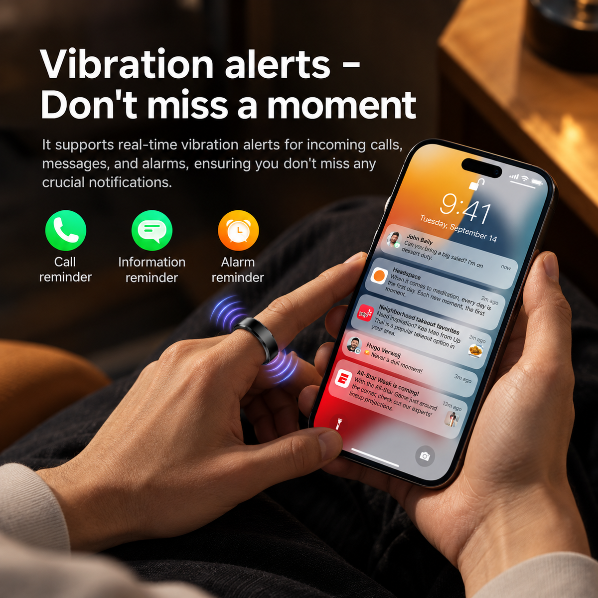 Hand wearing a black SY15 smart ring beside phone notifications and call, message, and alarm icons