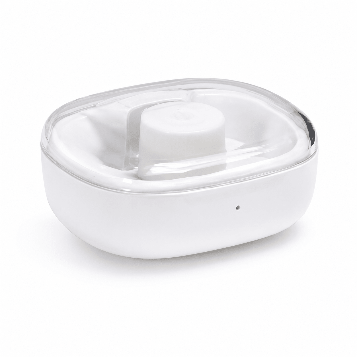 White rounded smart ring charging case with clear lid, center cradle, and indicator light