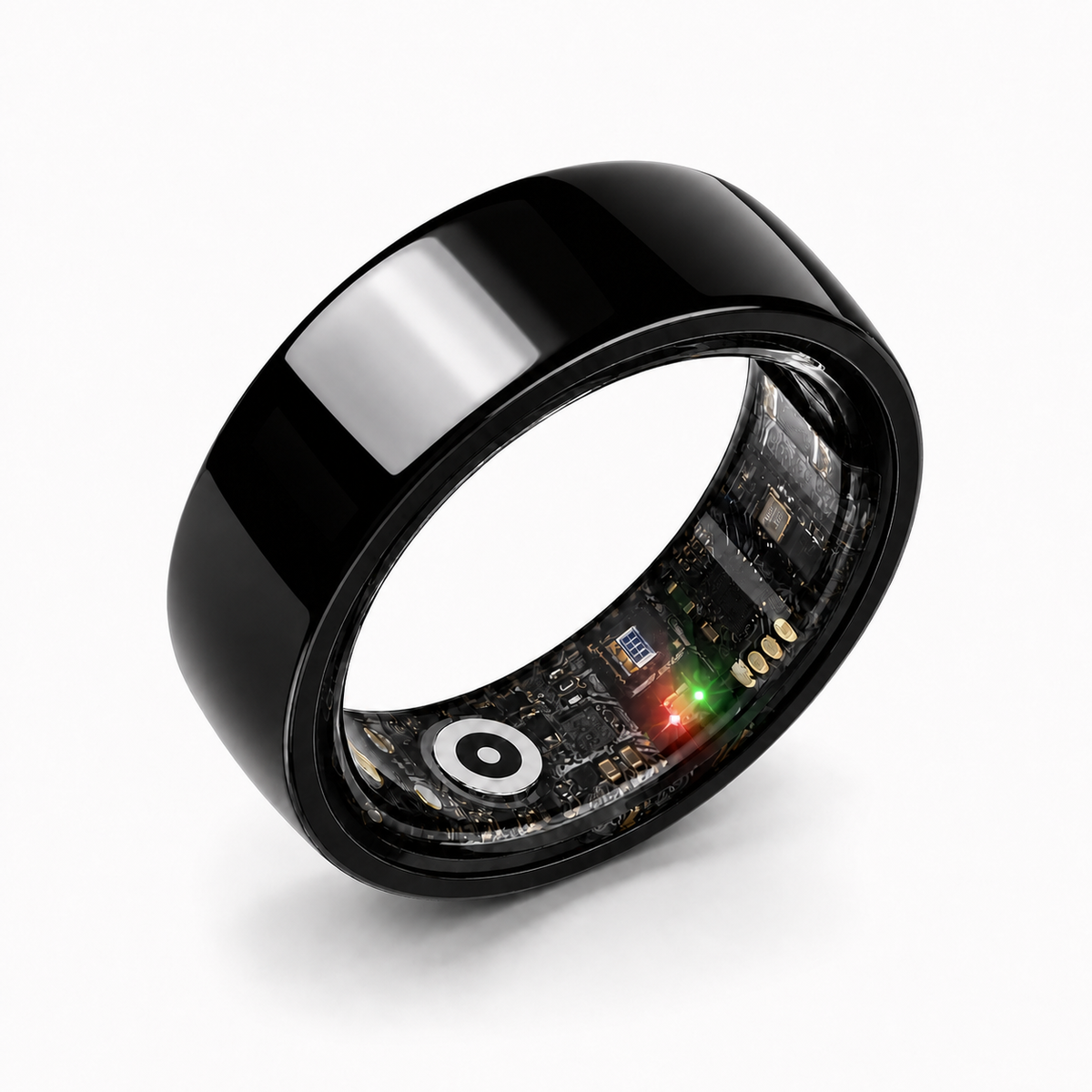 Glossy black ceramic smart ring angled view showing internal sensors and electronics #color_ceramics-black