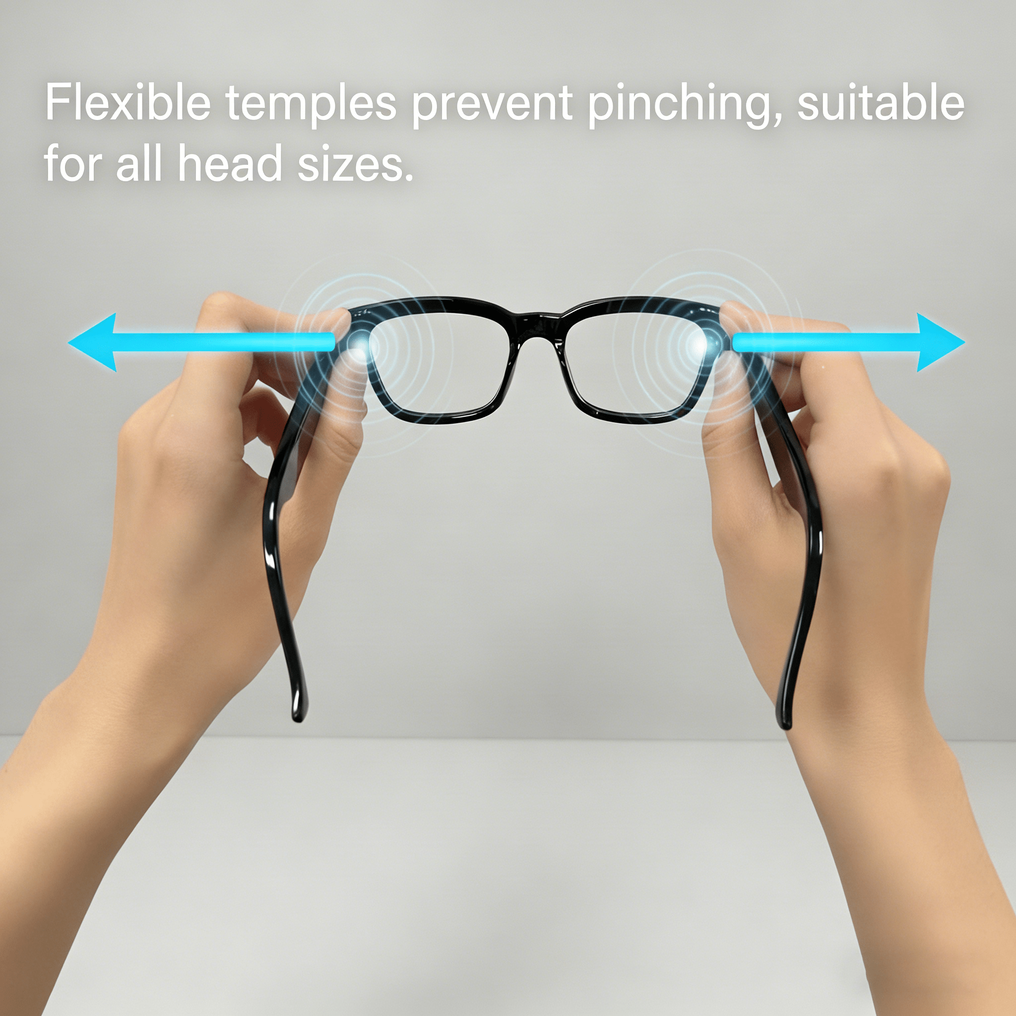 Hands flexing black smart glasses temples with arrows showing a pinch-resistant frame