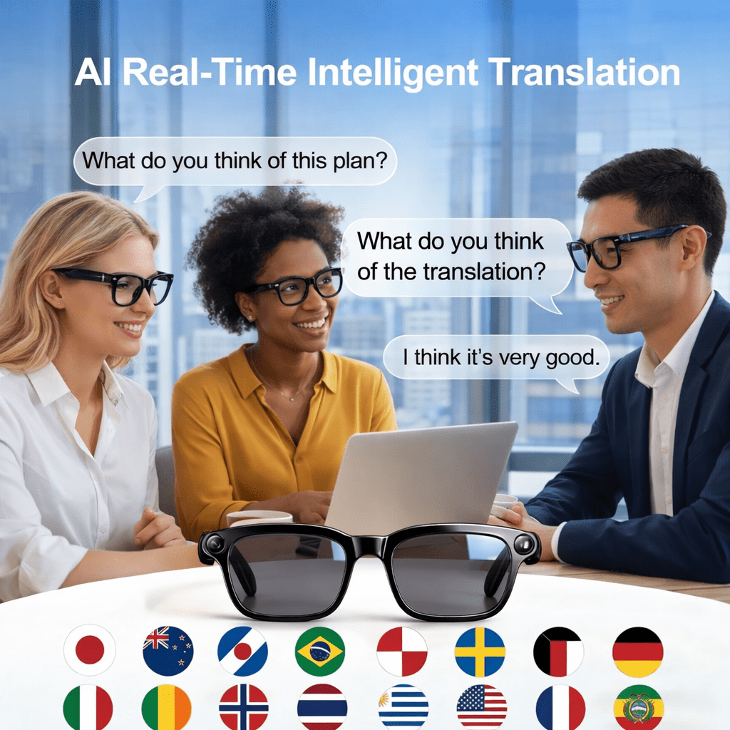 Three coworkers wearing smart glasses with real-time translation speech bubbles and language flags