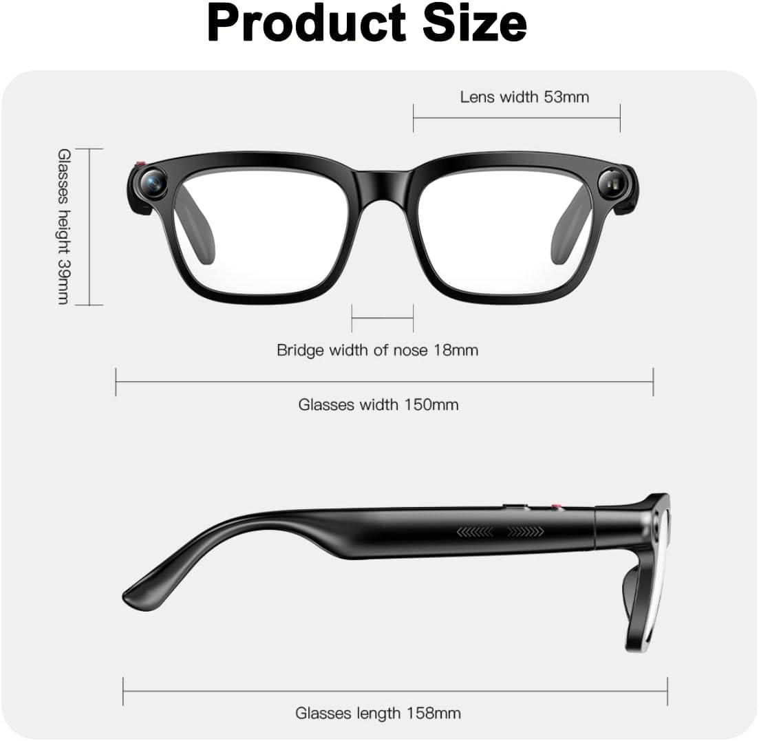 AI smart glasses size chart showing 53 mm lenses, 18 mm bridge, and 150 mm frame width