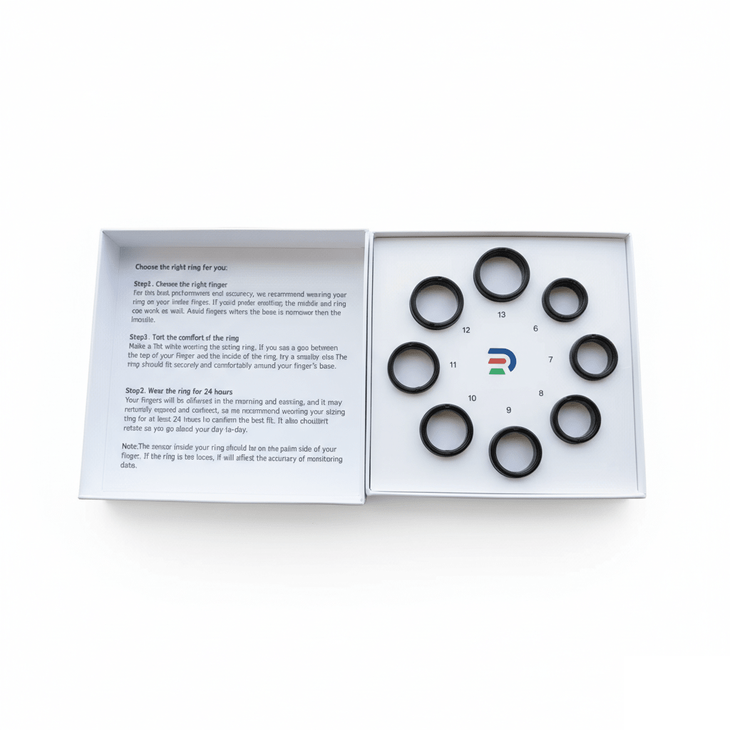 Open white ring sizing kit box with eight black sample rings and a printed fitting guide