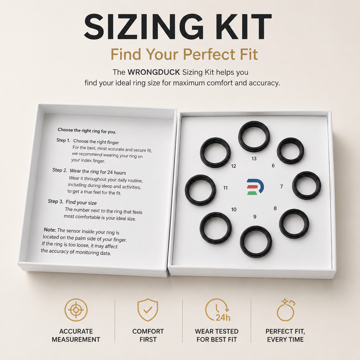Open Wrongduck sizing kit with black sample rings in sizes 6–13 and fitting instructions