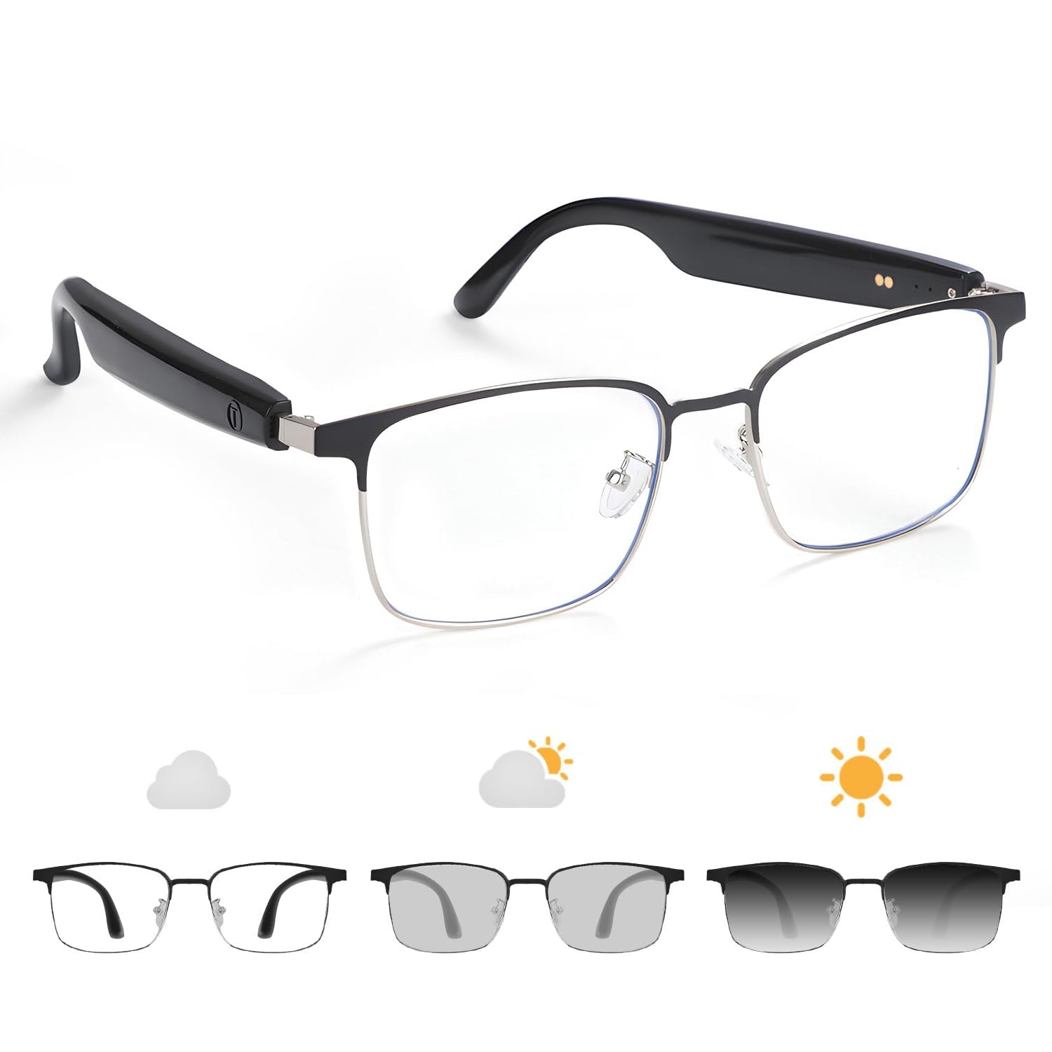 Black SG1 smart glasses with clear-to-dark photochromic lens stages on white
