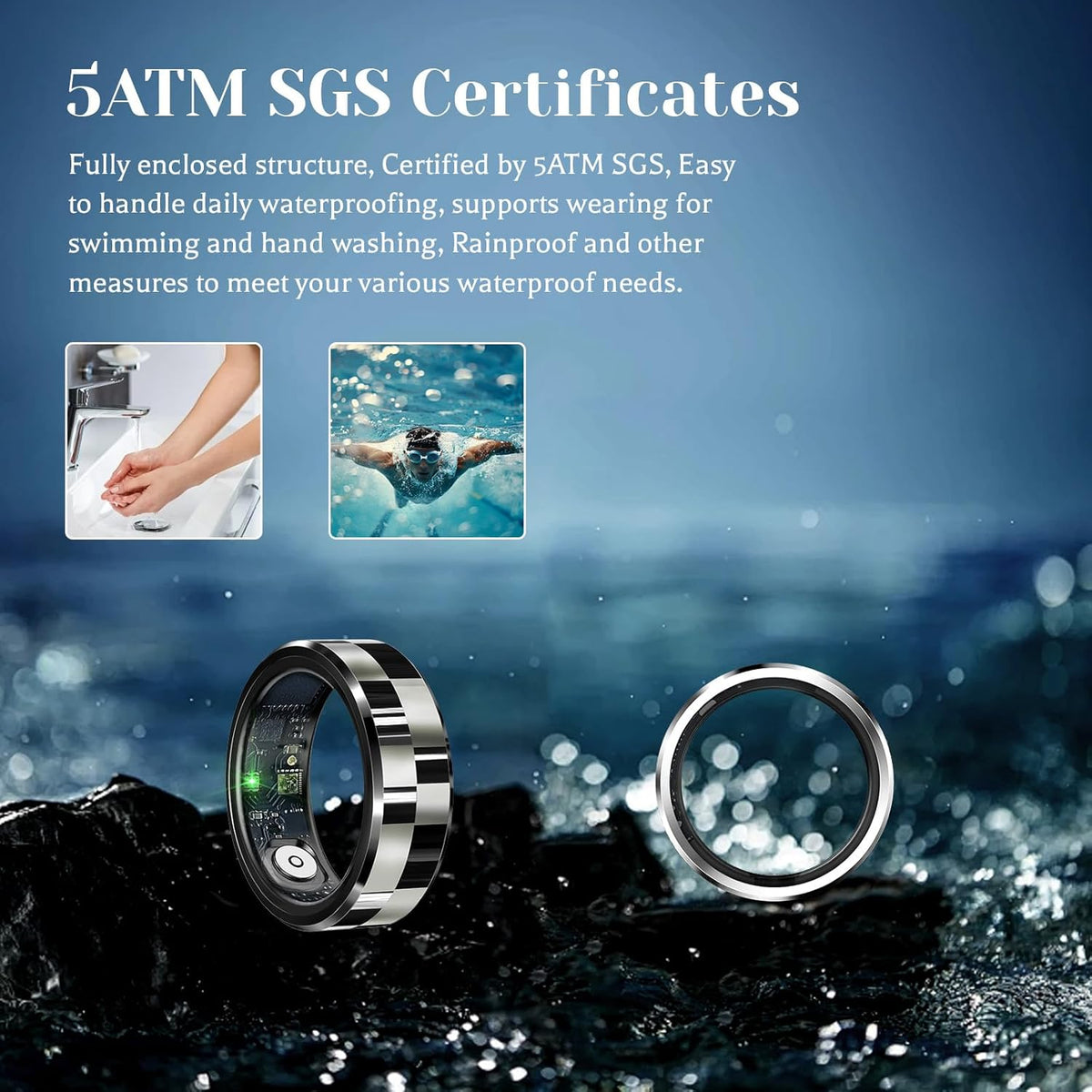 SilverGrid rings on wet rocks with 5 ATM waterproof examples for swimming and hand washing
