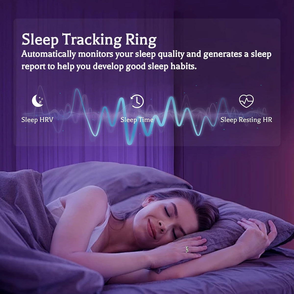 Woman sleeping while wearing a SilverGrid ring with sleep HRV, time, and resting heart rate graphic