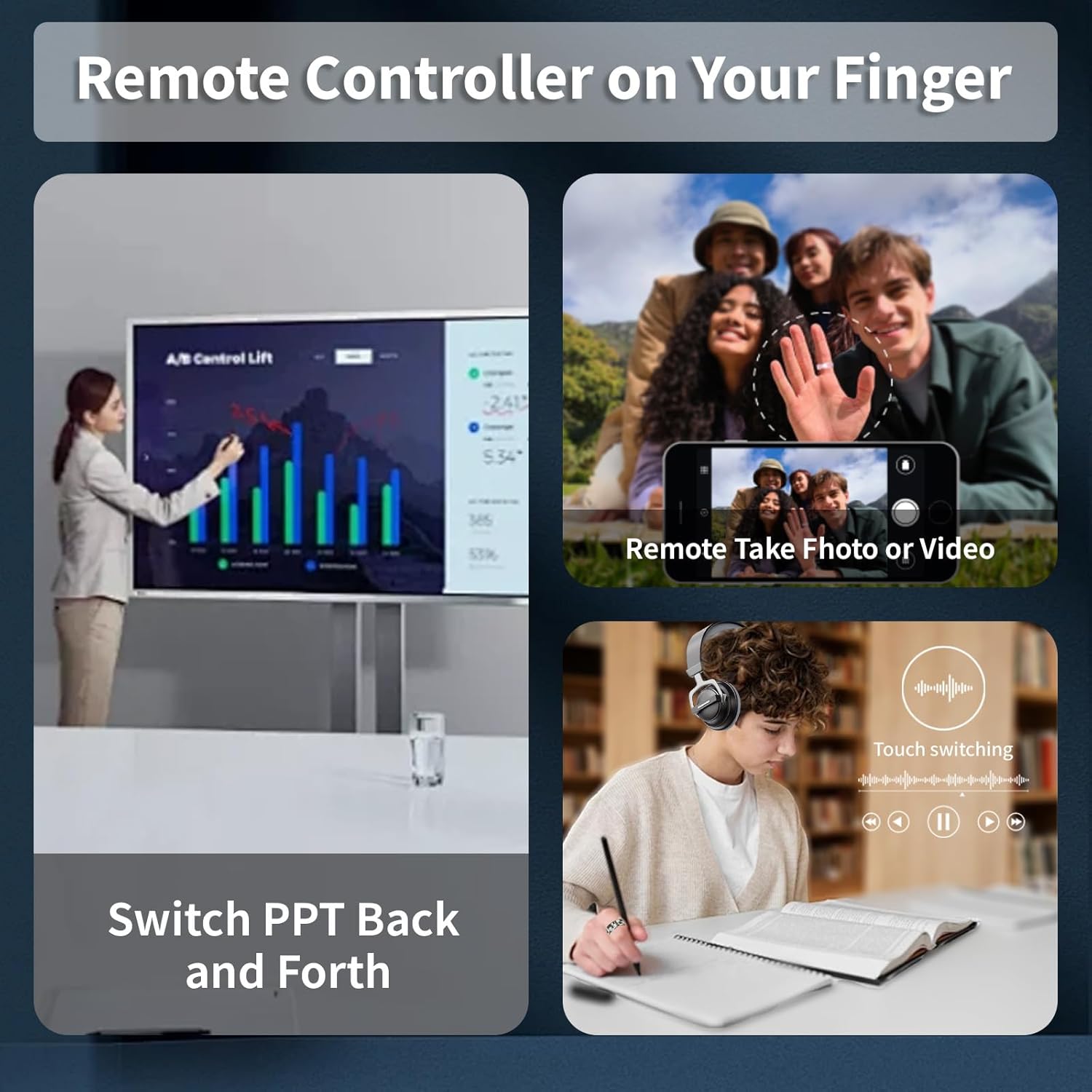 Smart ring remote-control examples for presentation slides, phone camera, and music playback