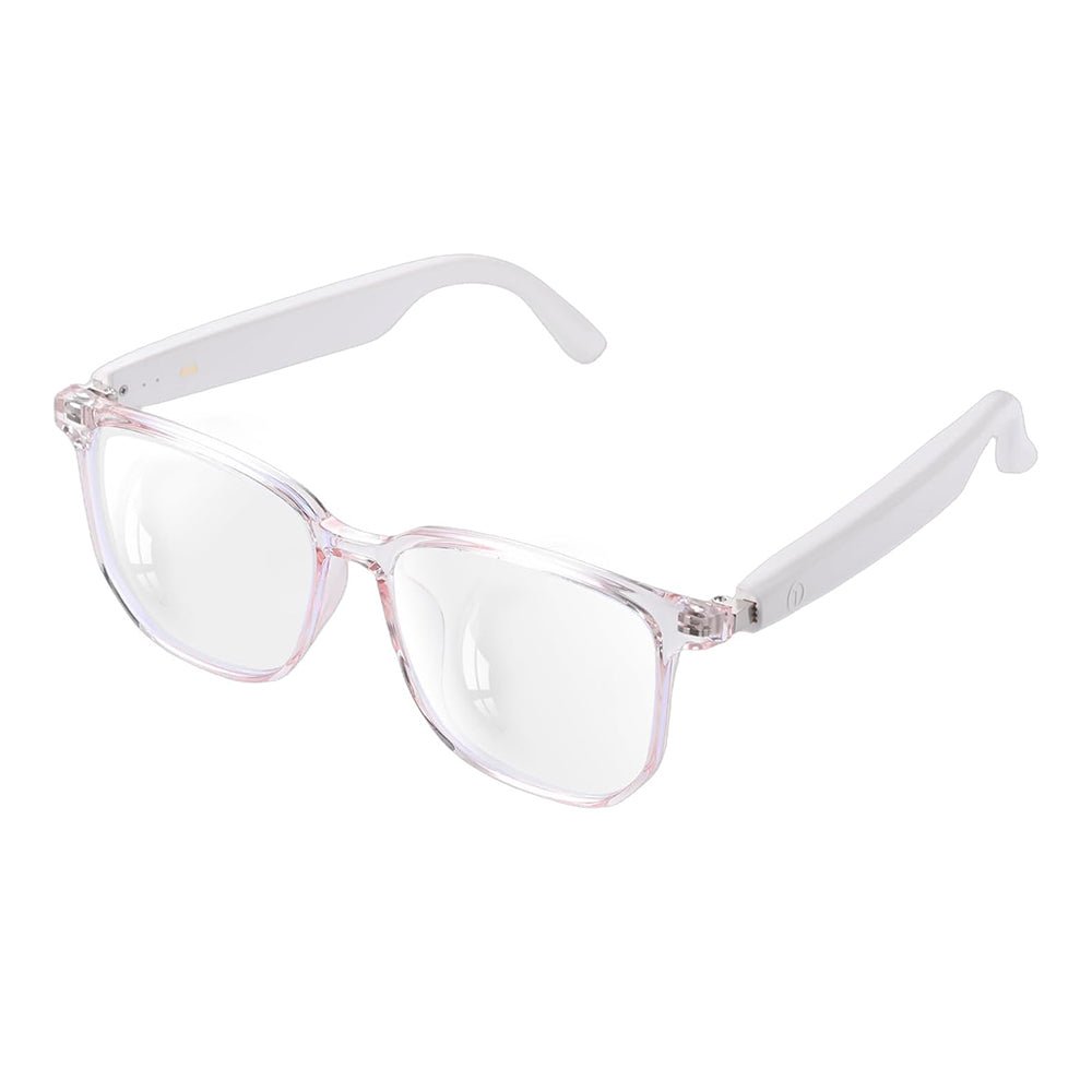 Transparent pink smart glasses with clear rectangular lenses and white arms on a white background