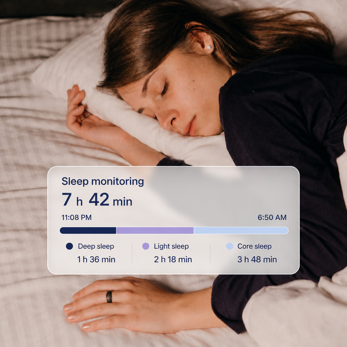 Woman wearing a smart ring with a transparent sleep monitoring timeline