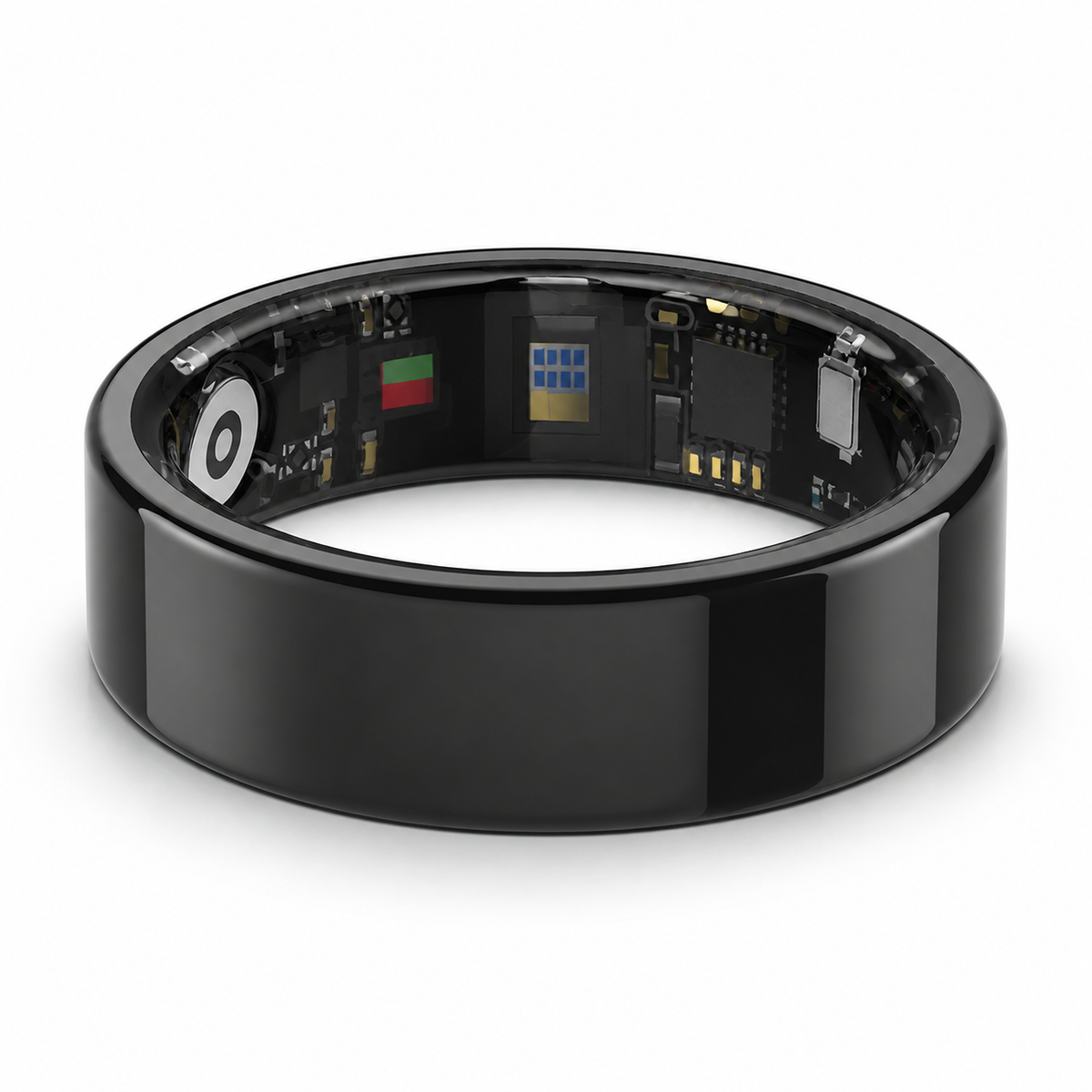 Glossy black SR1 smart ring lying flat with visible inner electronics on a white background#color_sr1-black