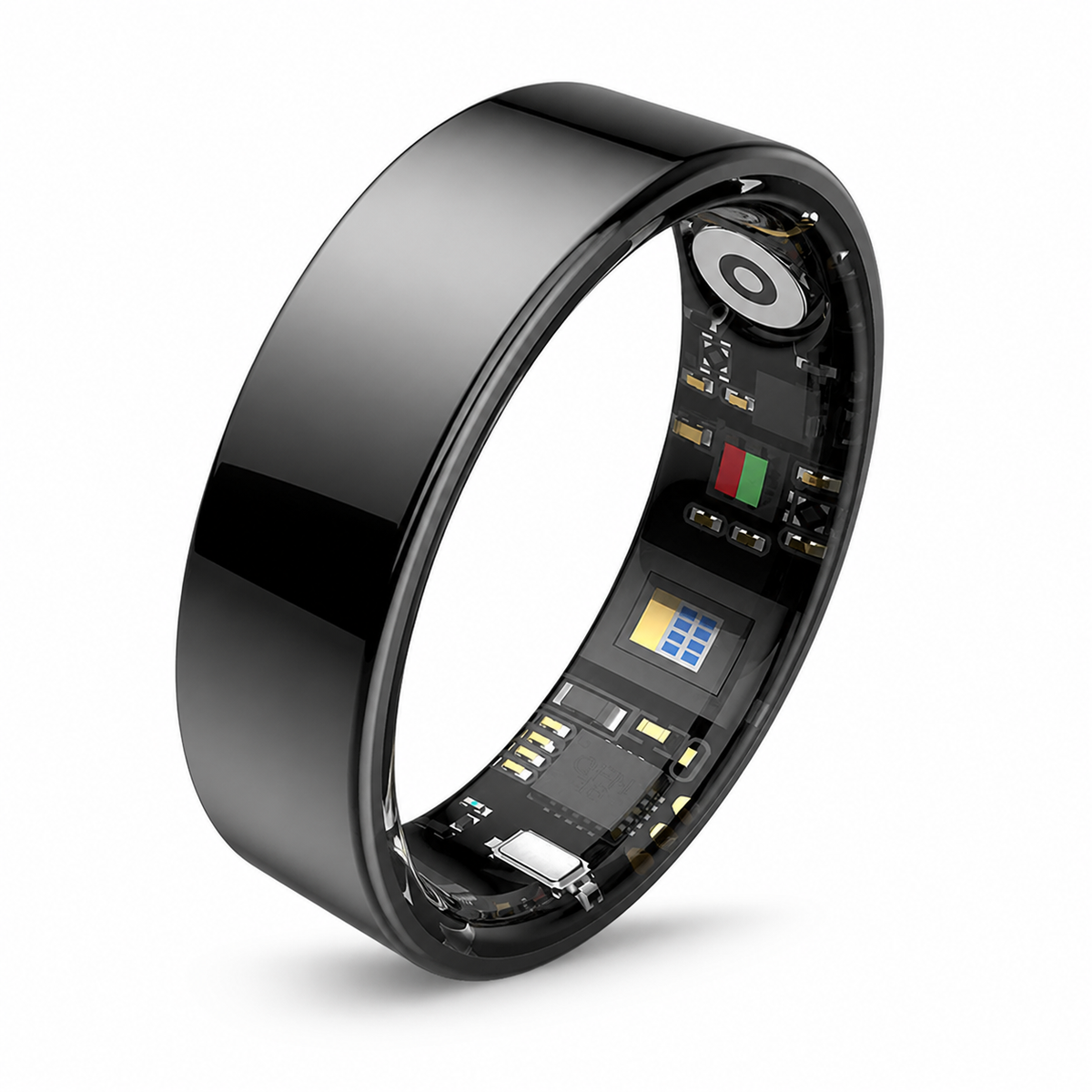 Glossy black SR1 smart ring with visible inner sensors on a white background#color_sr1-black