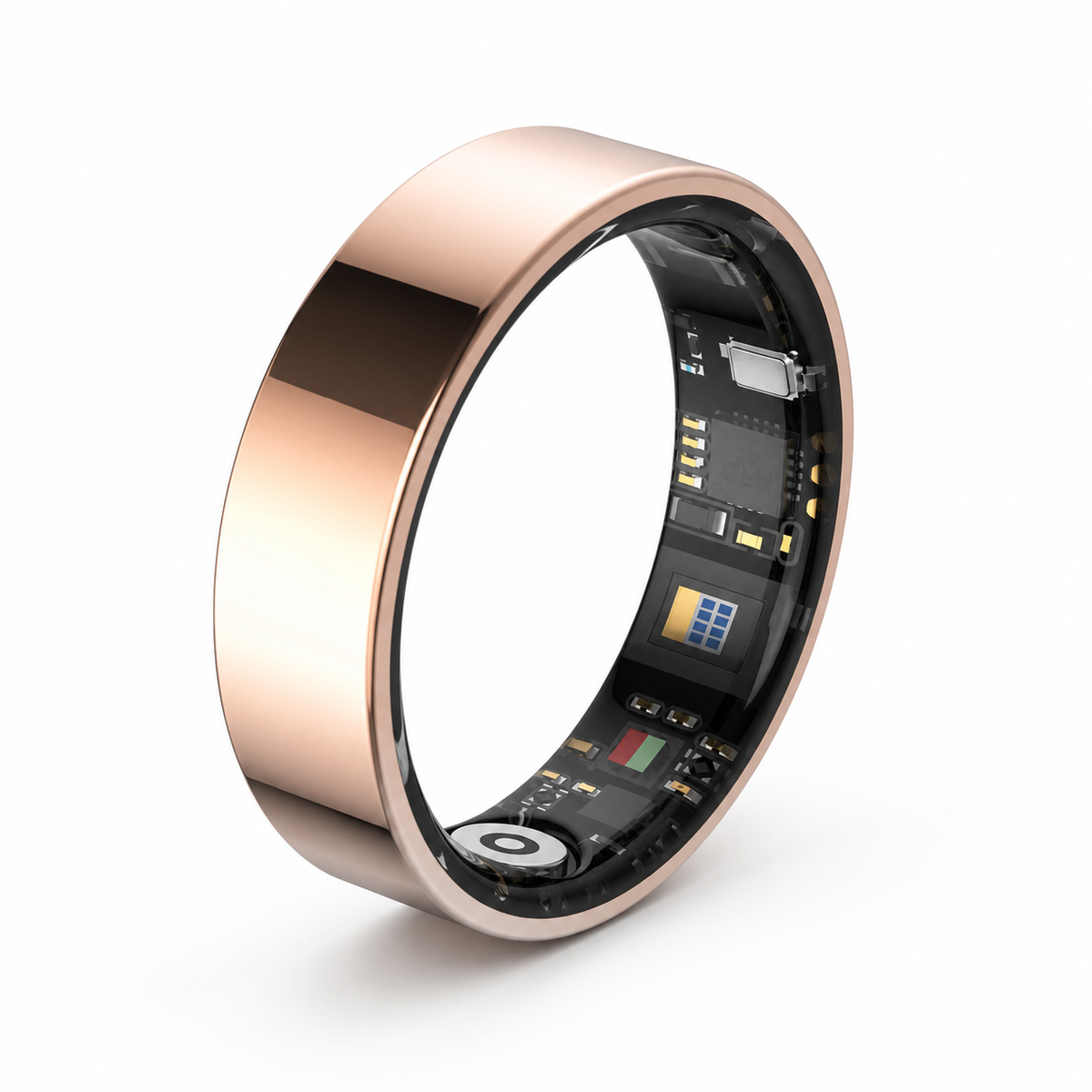 Rose gold SR1 smart ring upright with visible inner sensors on a white background#color_sr1-rose-gold