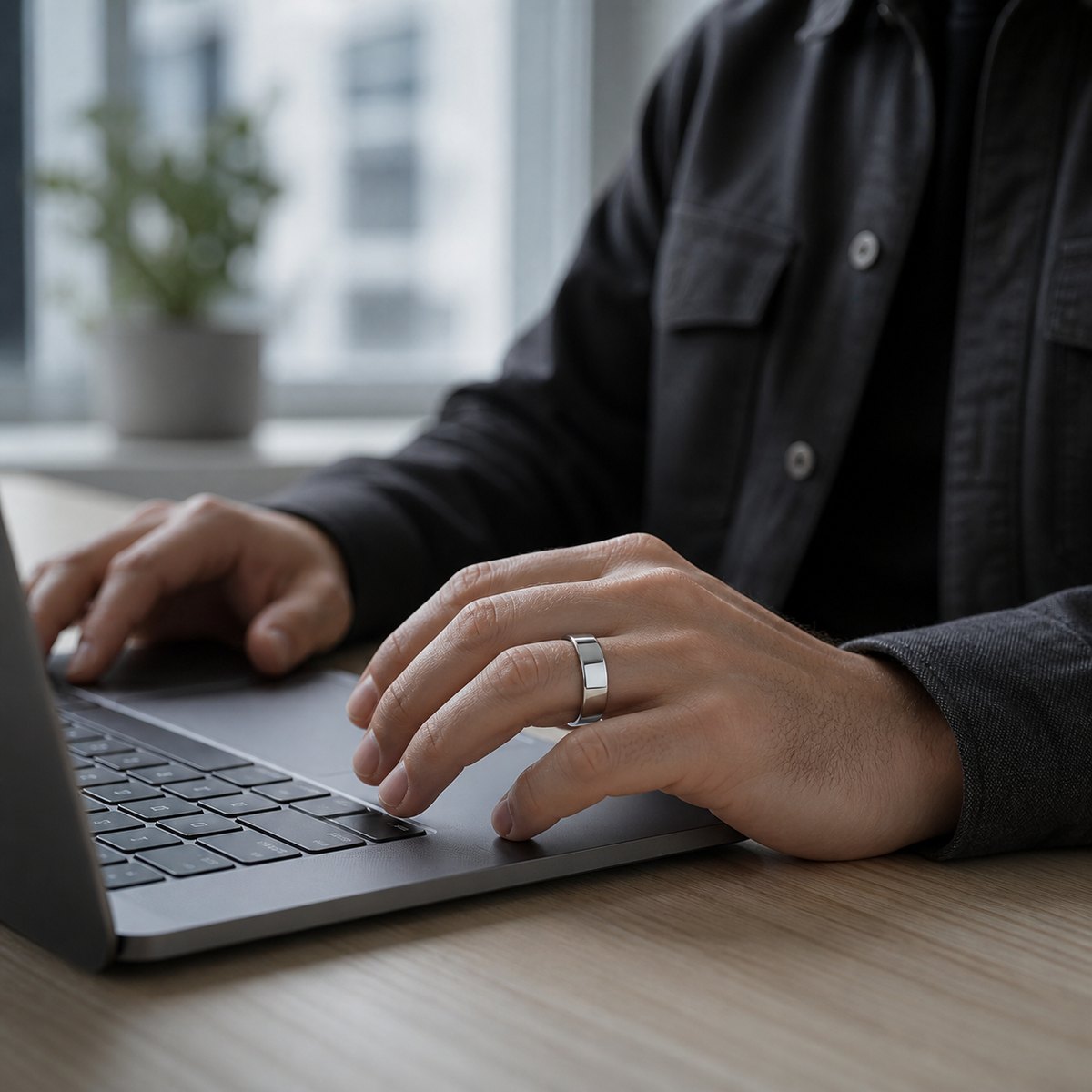 Man wearing a polished silver SR1 smart ring while using a laptop#color_sr1-silver