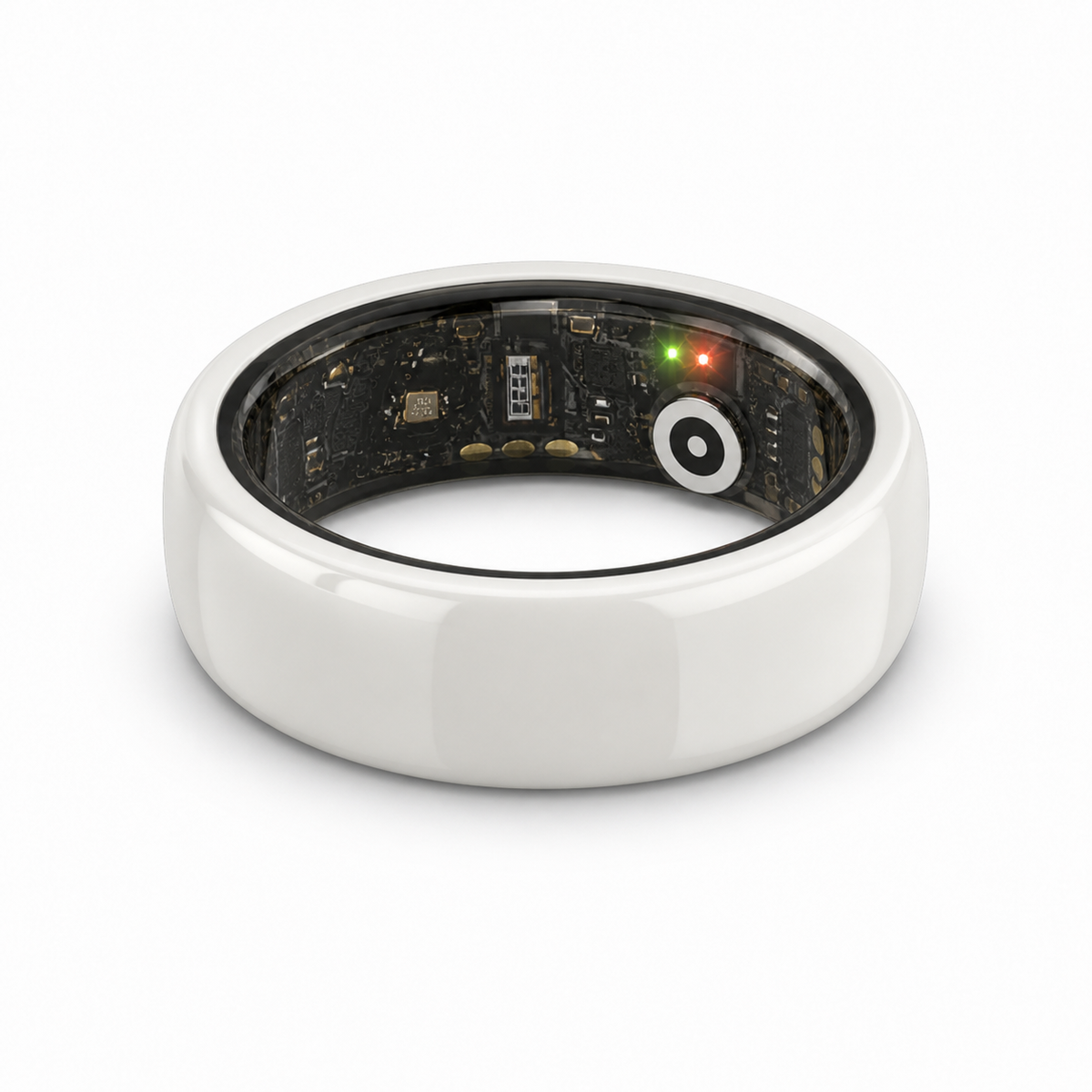 White ceramic smart ring lying flat with internal sensors and electronics visible #color_ceramics-white