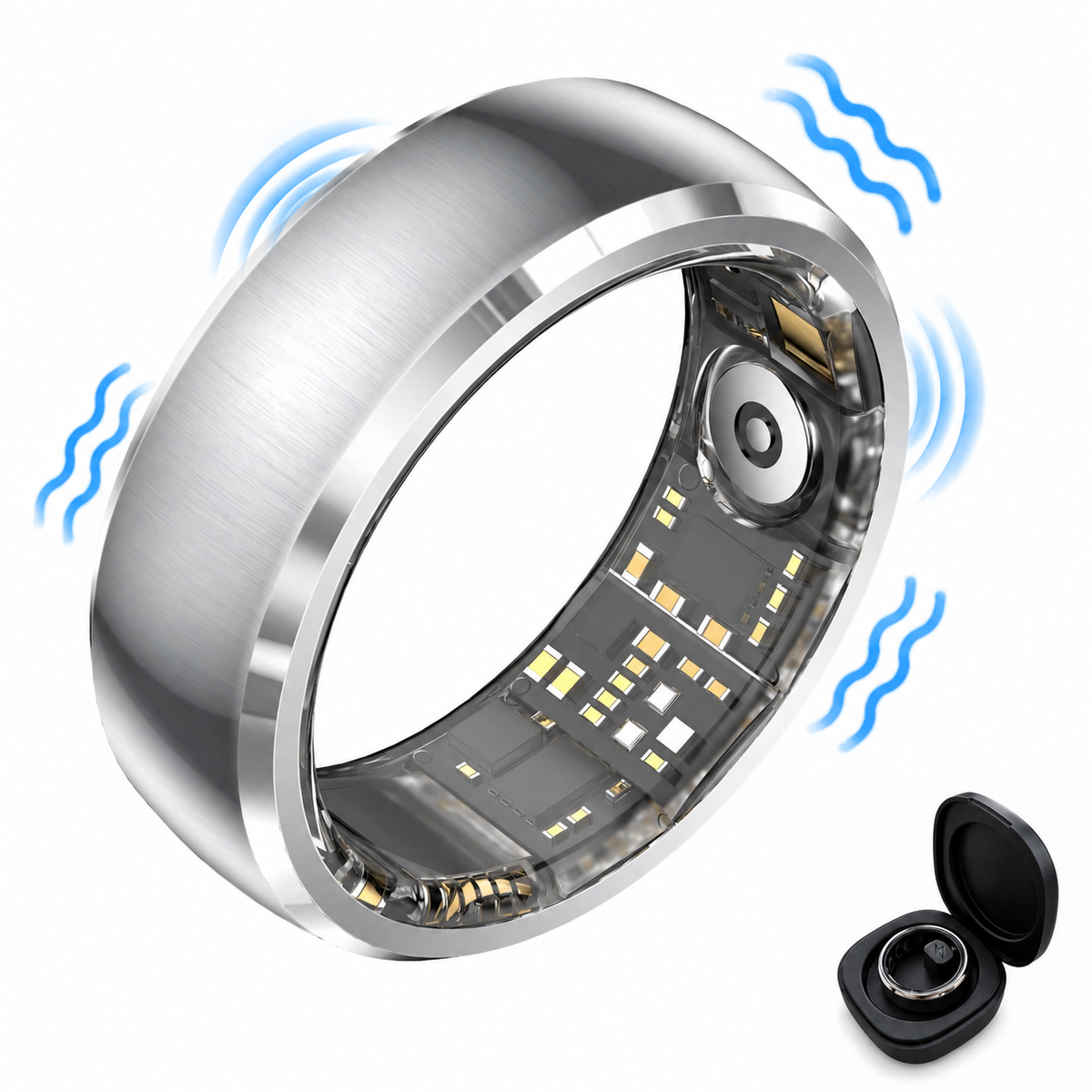 Silver SY15 smart ring with visible inner circuitry, blue vibration lines, and a black charging case
