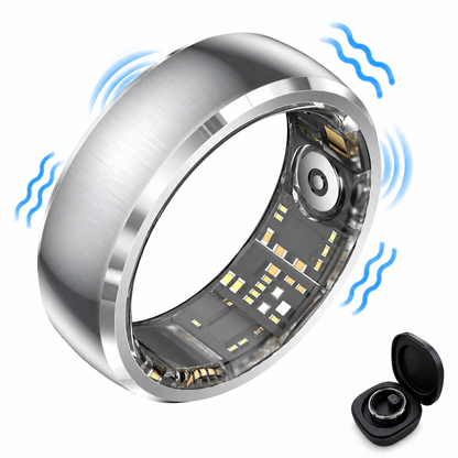 Silver SY15 smart ring with visible inner circuitry, blue vibration lines, and a black charging case