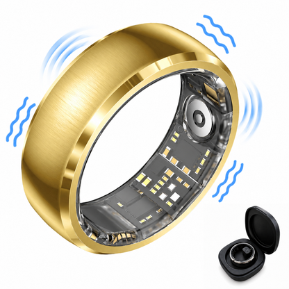 Gold SY15 smart ring with visible inner circuitry, blue vibration lines, and a black charging case
