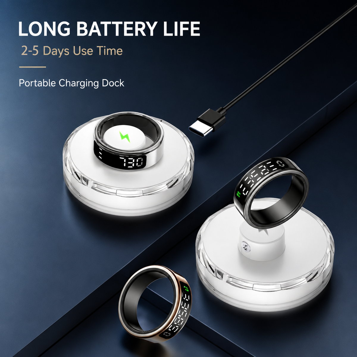 Black and gold SY1 rings with clear portable charging docks and a USB-C cable