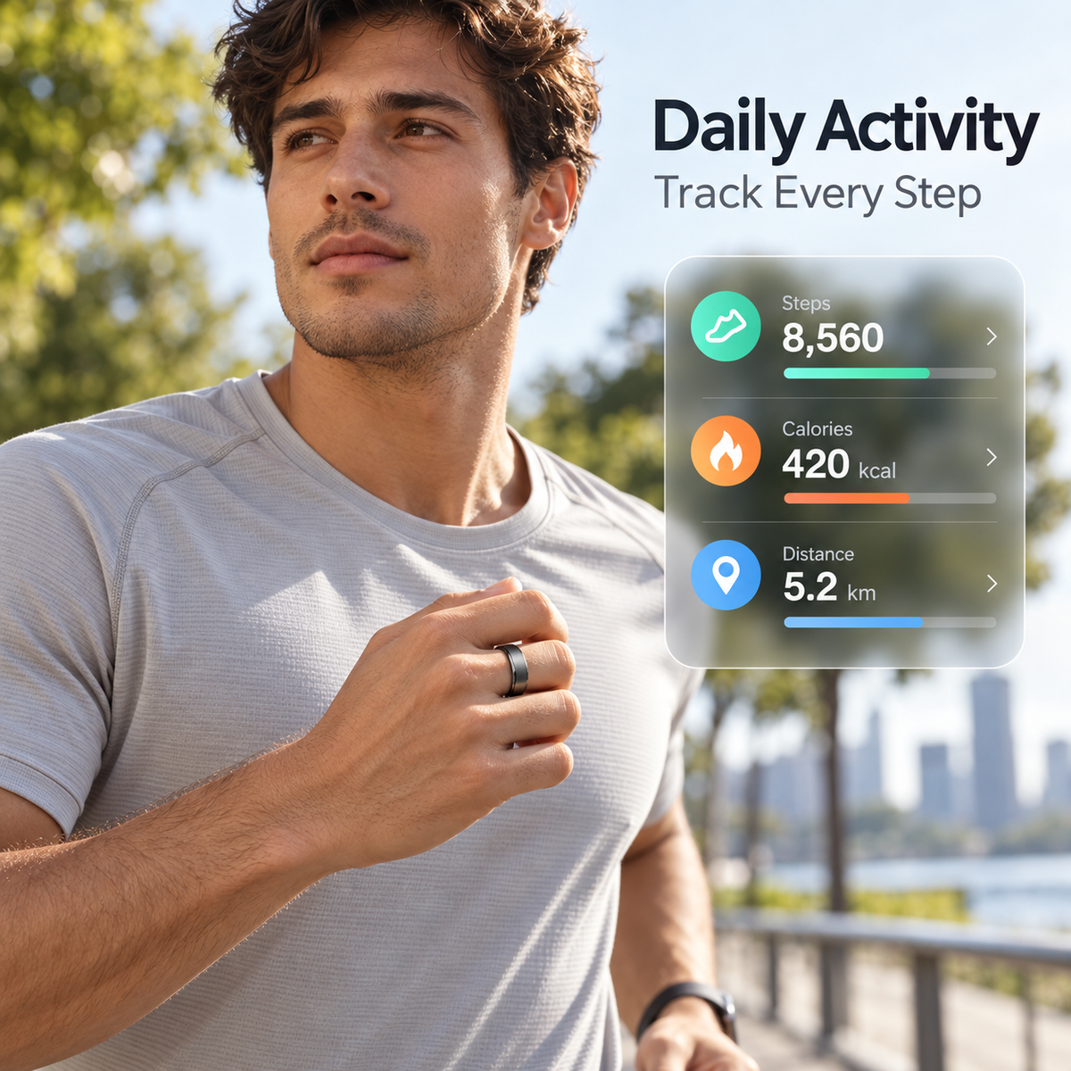 Man jogging with a black SY15 smart ring beside daily steps, calories, and distance graphics