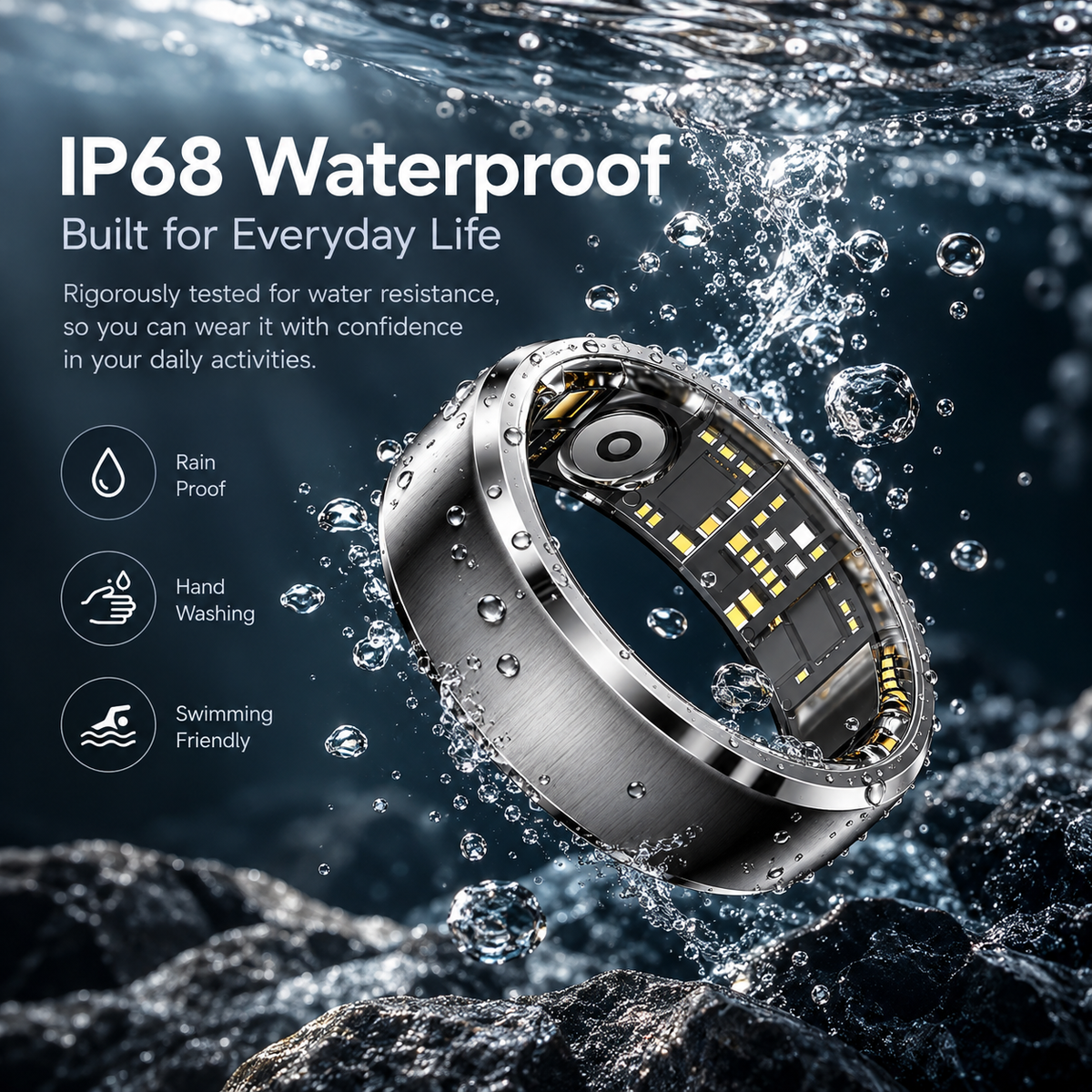 SY15 smart ring surrounded by water and bubbles beneath an IP68 waterproof message