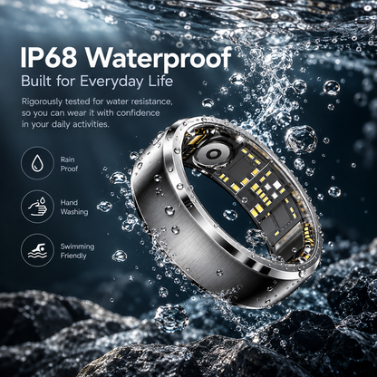 SY15 smart ring surrounded by water and bubbles beneath an IP68 waterproof message