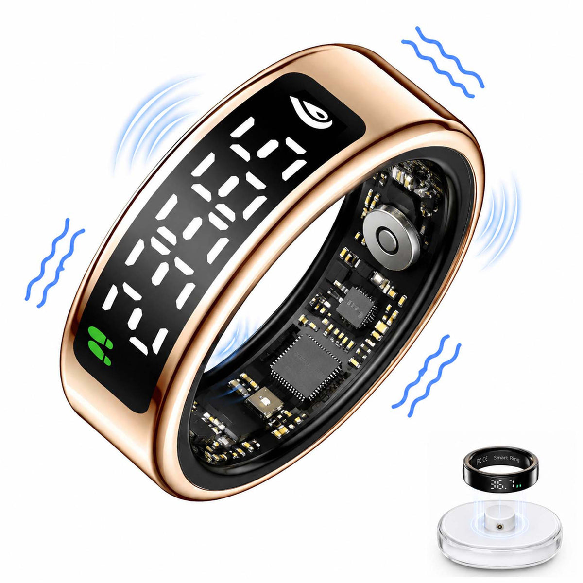 Gold SY1 LED smart ring showing internal sensors and a clear charging dock on white#color_gold