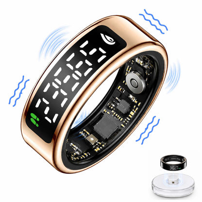 Gold SY1 LED smart ring showing internal sensors and a clear charging dock on white#color_gold