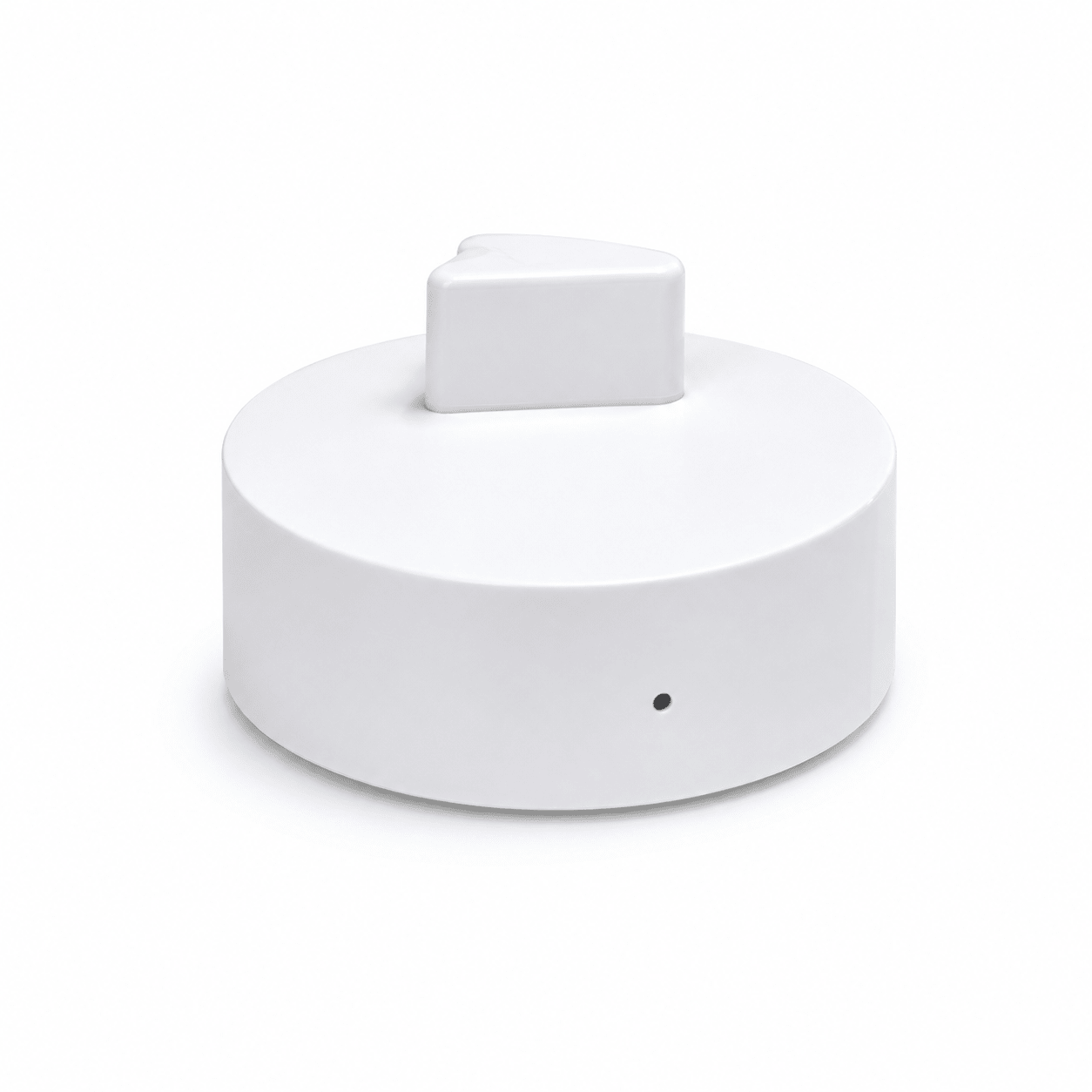 White circular smart ring charging dock with raised center cradle and indicator light on white