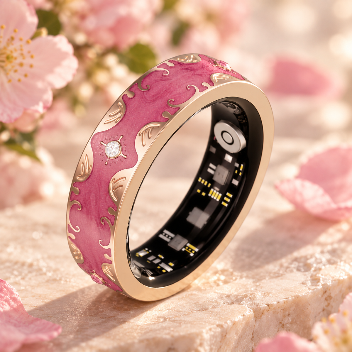 Retro red smart ring with decorative detailing displayed among soft pink flowers