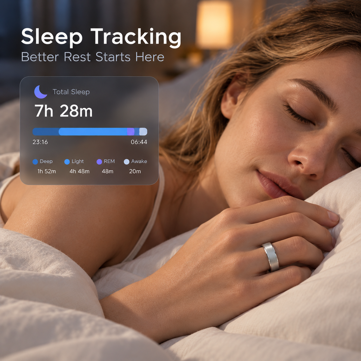 Woman sleeping with a silver SY15 smart ring beside a chart showing sleep duration and stages