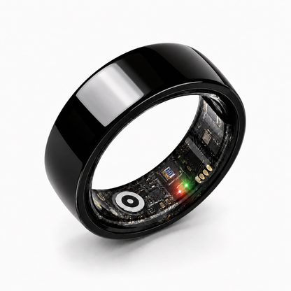 Glossy black ceramic smart ring angled view showing internal sensors and electronics #color_ceramics-black