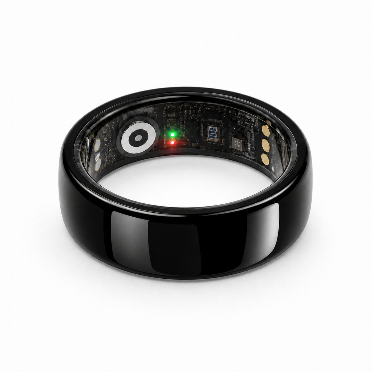 Glossy black ceramic smart ring lying flat with internal sensors and electronics visible #color_ceramics-black