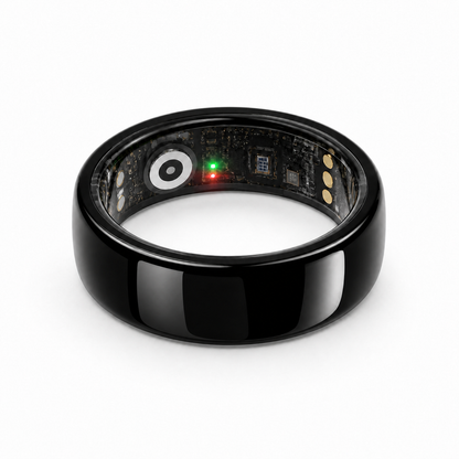 Glossy black ceramic smart ring lying flat with internal sensors and electronics visible #color_ceramics-black