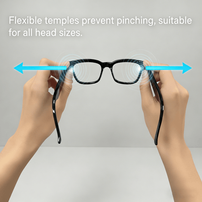 Hands flexing black smart glasses temples with arrows showing a pinch-resistant frame