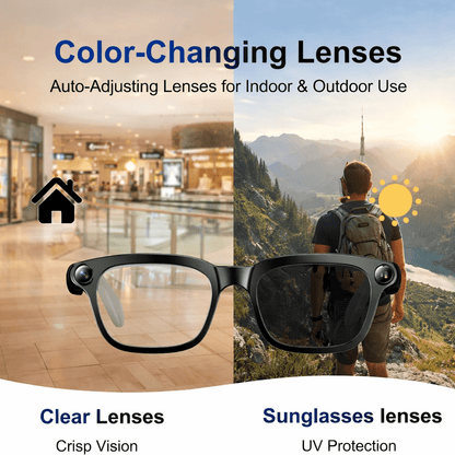 Smart glasses with clear indoor lens and dark outdoor lens in color-changing comparison