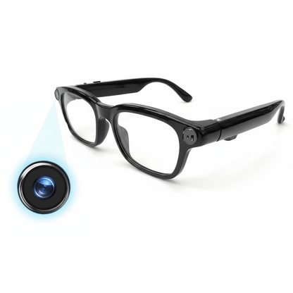 Black AI smart glasses with clear rectangular lenses and camera module shown in close-up