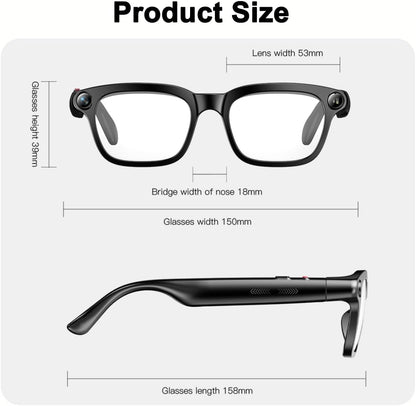 AI smart glasses size chart showing 53 mm lenses, 18 mm bridge, and 150 mm frame width