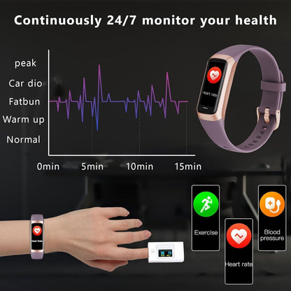 Purple C60 band with heart rate graph, wrist monitor, and exercise and blood pressure icons