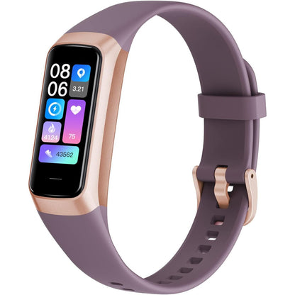 Purple C60 fitness band with rose gold case and colorful activity dashboard on white
