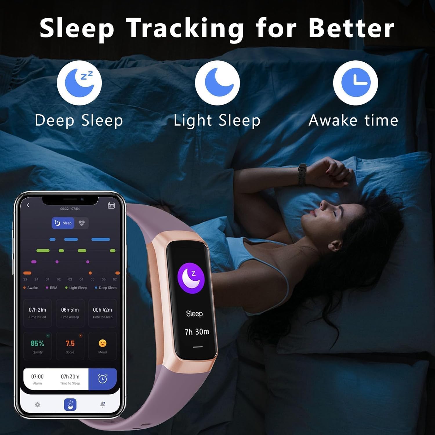 Woman sleeping in bed with C60 band and phone showing deep, light, and awake sleep data