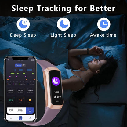 Woman sleeping in bed with C60 band and phone showing deep, light, and awake sleep data