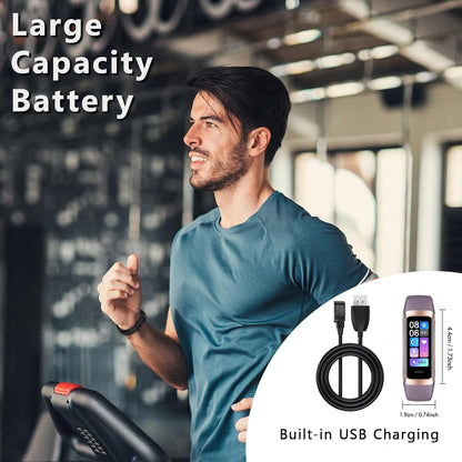 Man running indoors wearing C60 band beside USB charging cable and product dimensions