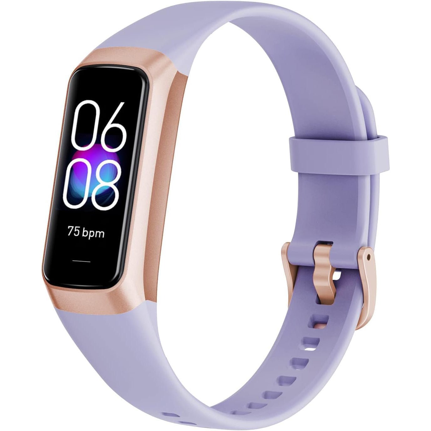 Lavender C60 fitness band with rose gold case displaying 06:08 and 75 bpm