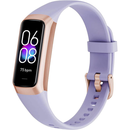 Lavender C60 fitness band with rose gold case displaying 06:08 and 75 bpm