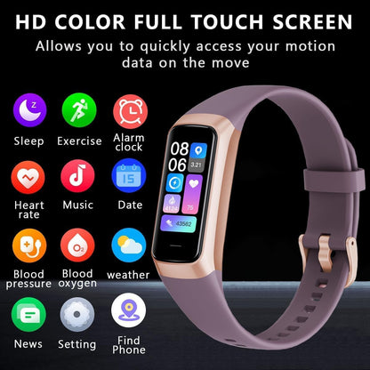 Purple C60 band with full-color touch screen beside sleep, exercise, health, and app icons