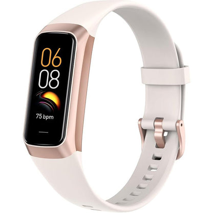 Blush pink C60 fitness band with rose gold case displaying 06:08 and 75 bpm on white